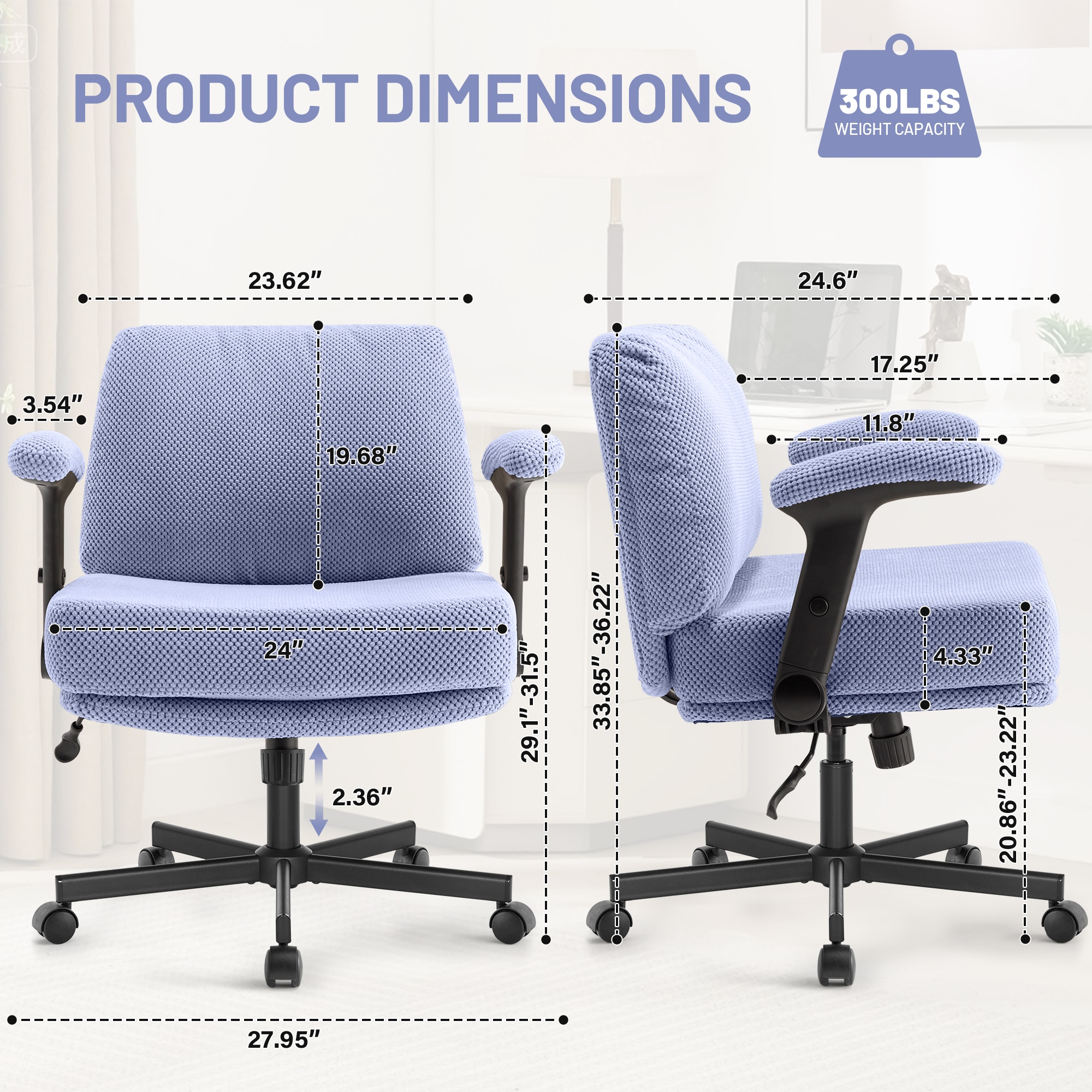 Criss Cross Chair With Wheels And Flip Arms- Comfy Fabric Cross Legged Office Chair With Thick Cushion&Wide Seat, Adjustable Swivel Desk Chair For Home Office, Apartment, Bedroom_voghion.com